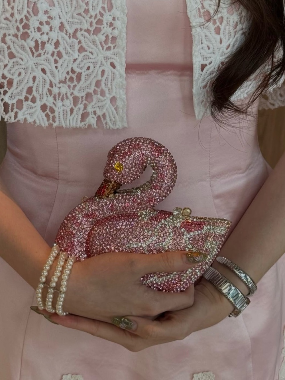 Pink Crystal Flamingo Clutch - Women's Evening Bag